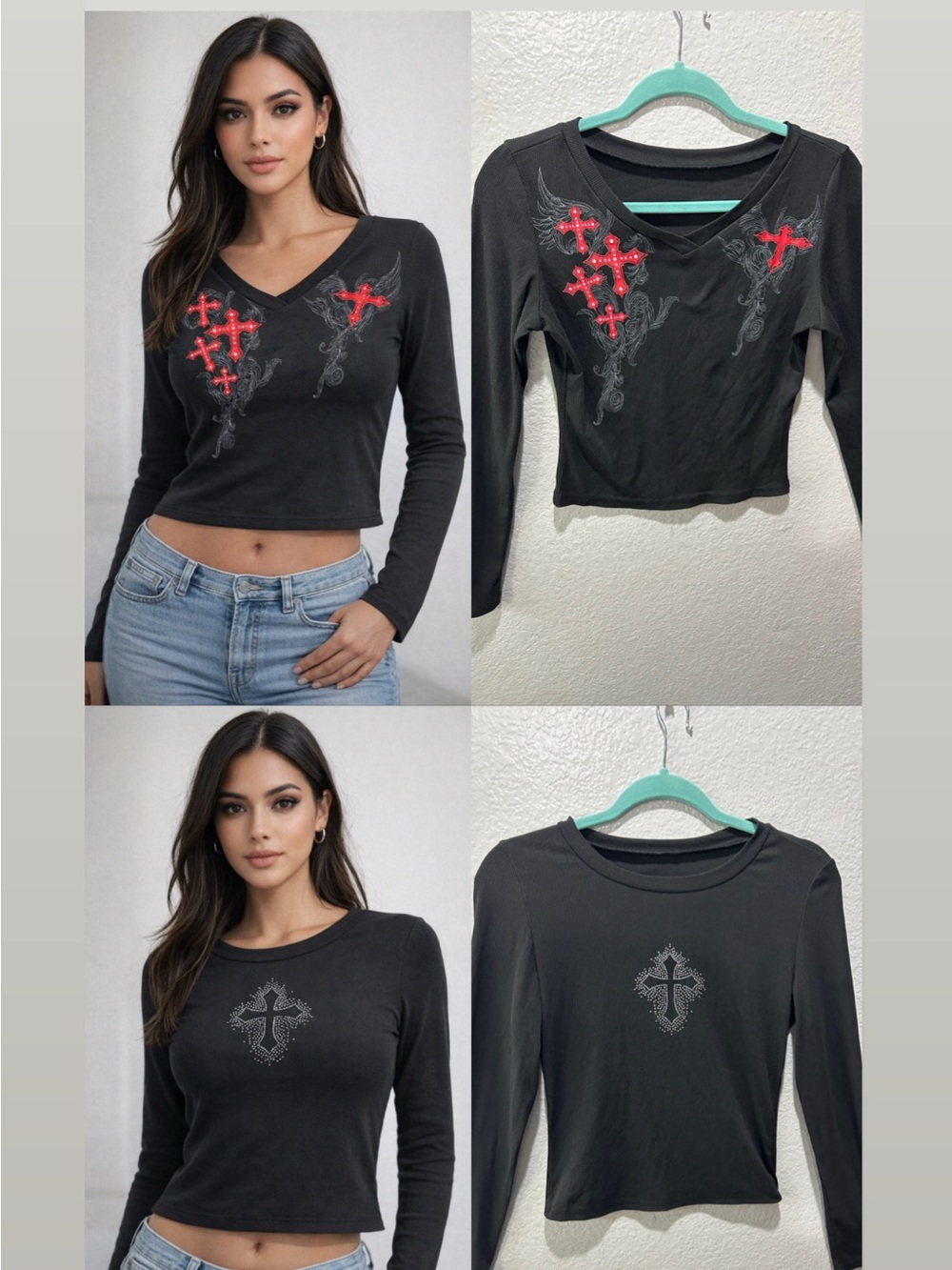 Black Long-Sleeve V-Neck Top with Red Cross Embroidery